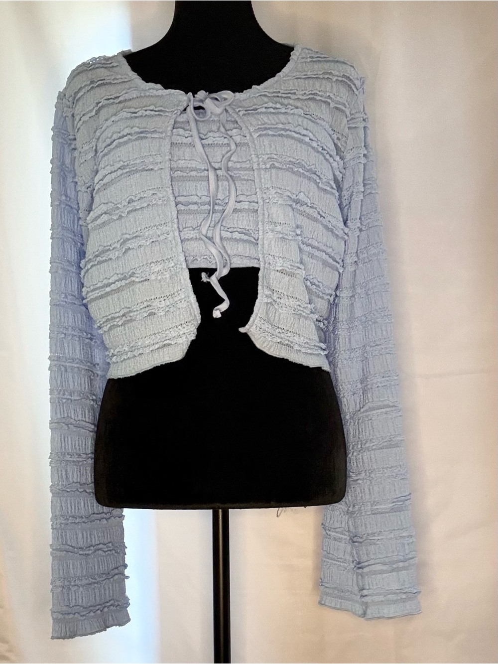 Textured Light Blue Strapless Bandeau Top and Cropped Cardigan